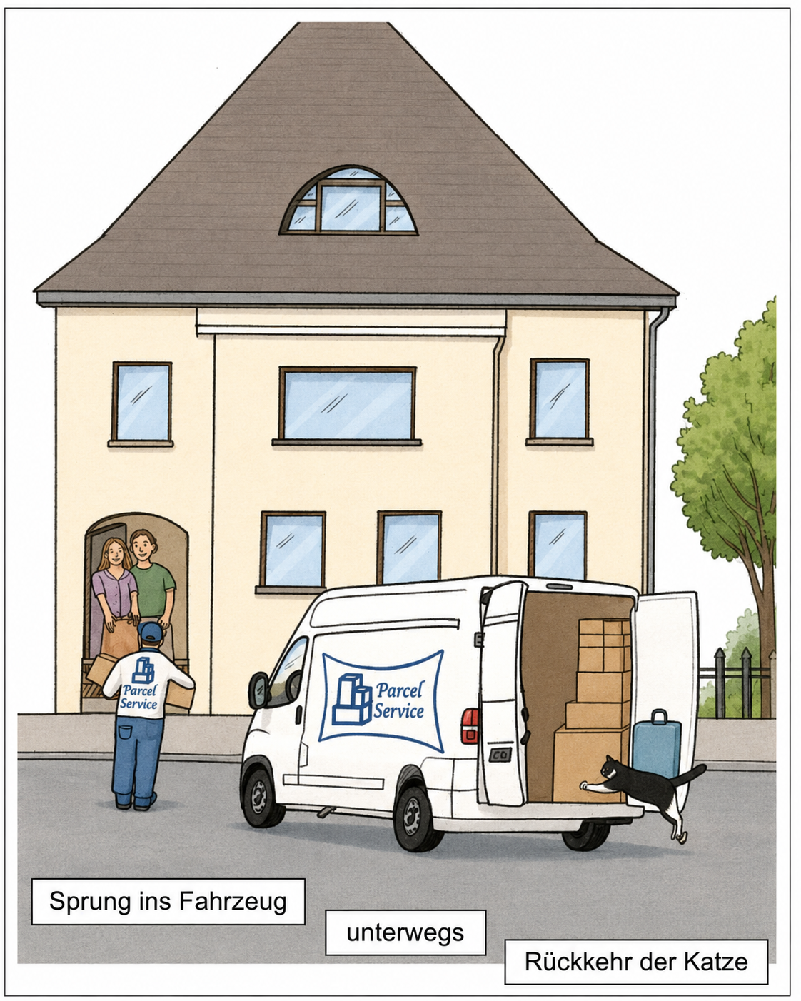 Paketlieferung vor einem Haus, Katze springt ins geöffnete Lieferfahrzeug.